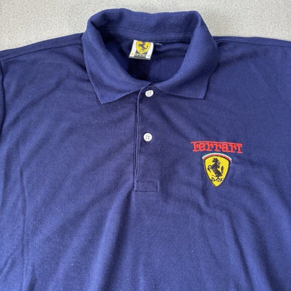 Vintage FERRARI Blue Polo Shirt Mens L Prancing Horse patches F-1 Chevron Shell - Picture 2 of 12